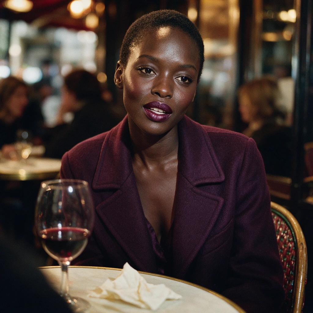 Femme aux cheveux ras portant un rouge à lèvres prune satiné, maquillage d'automne pour le soir