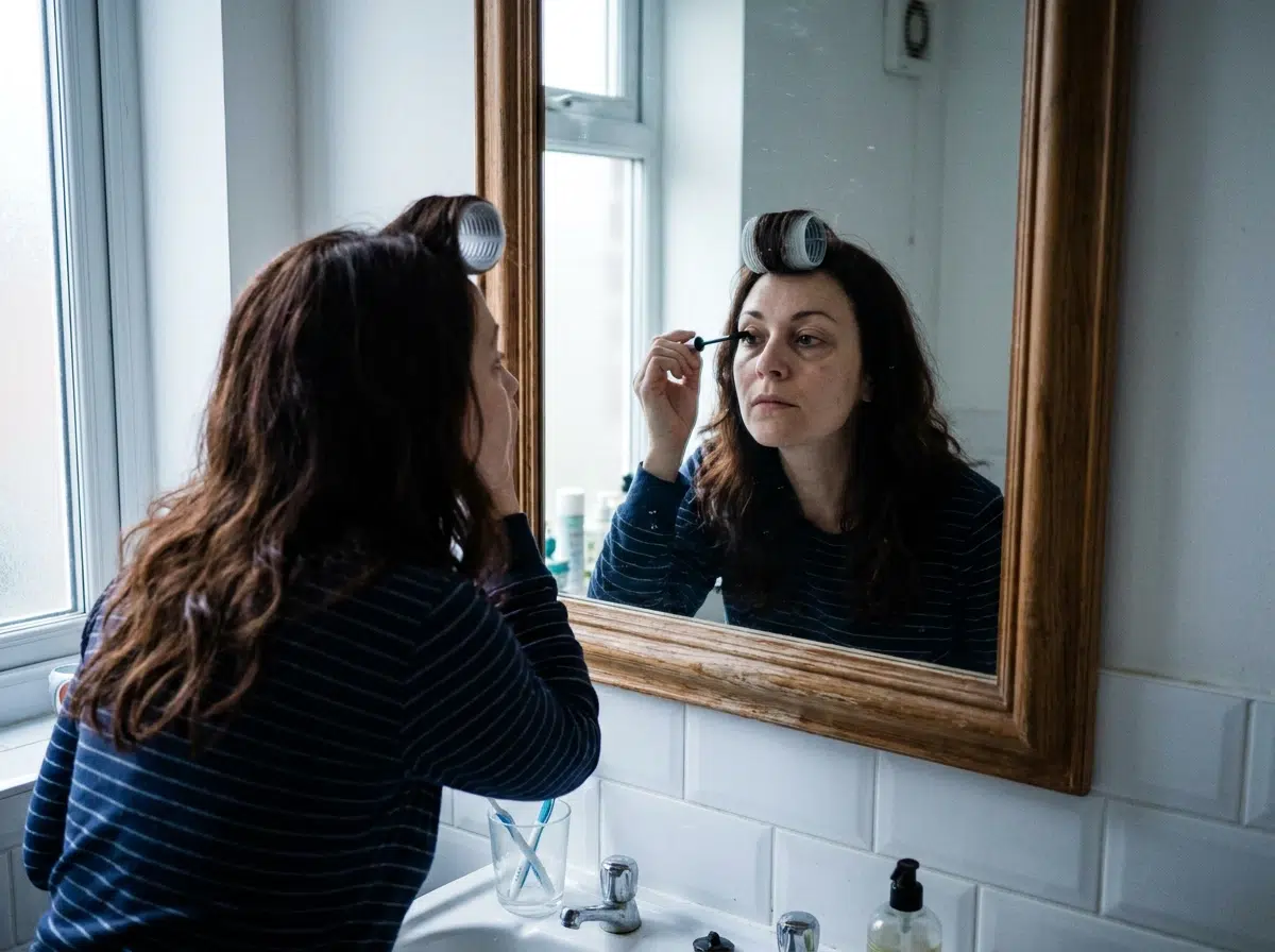 Femme devant un miroir de salle de bains avec un gros rouleau auto-agrippant posé sur sa frange