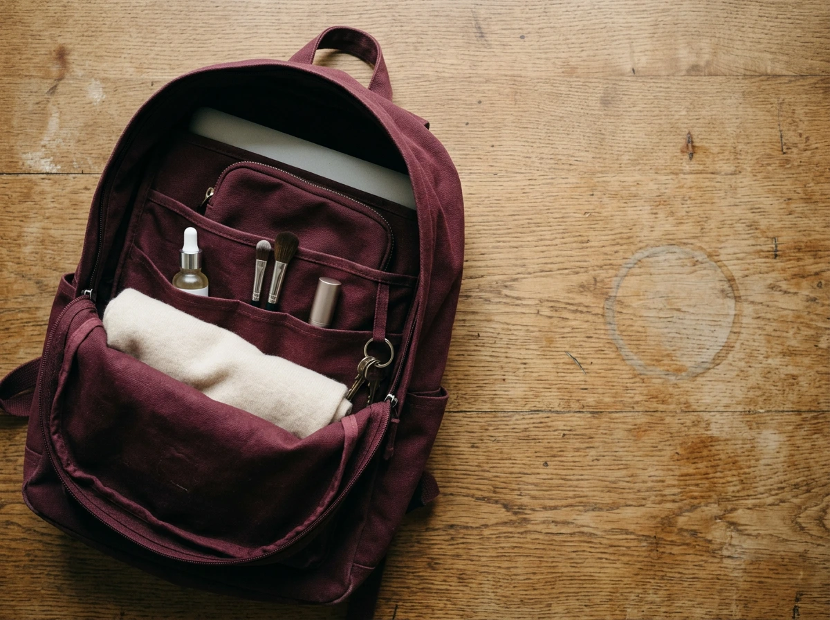 Sac à dos bordeaux ouvert vu du dessus avec housse d'ordinateur, flacon de sérum, pinceaux et rouge à lèvres rangés