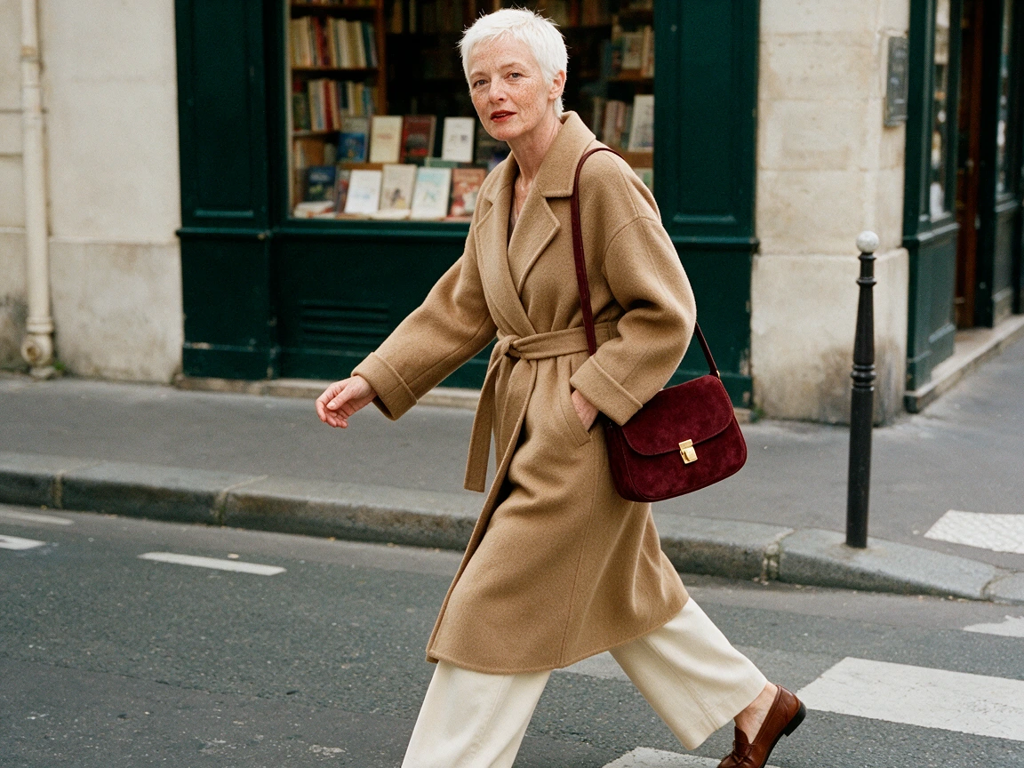 Femme d'une soixantaine d'années aux cheveux blancs courts portant un manteau camel et un sac bordeaux en daim dans la rue