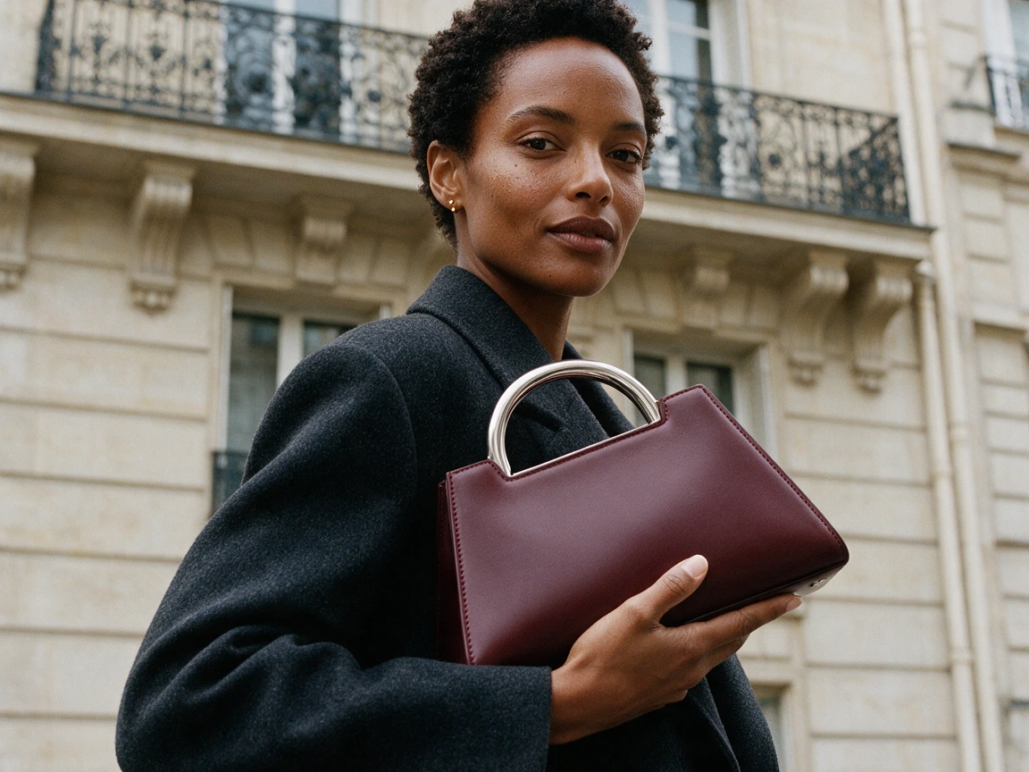 Femme d'une trentaine d'années aux cheveux crépus courts tenant un sac à main trapèze bordeaux sur un manteau anthracite