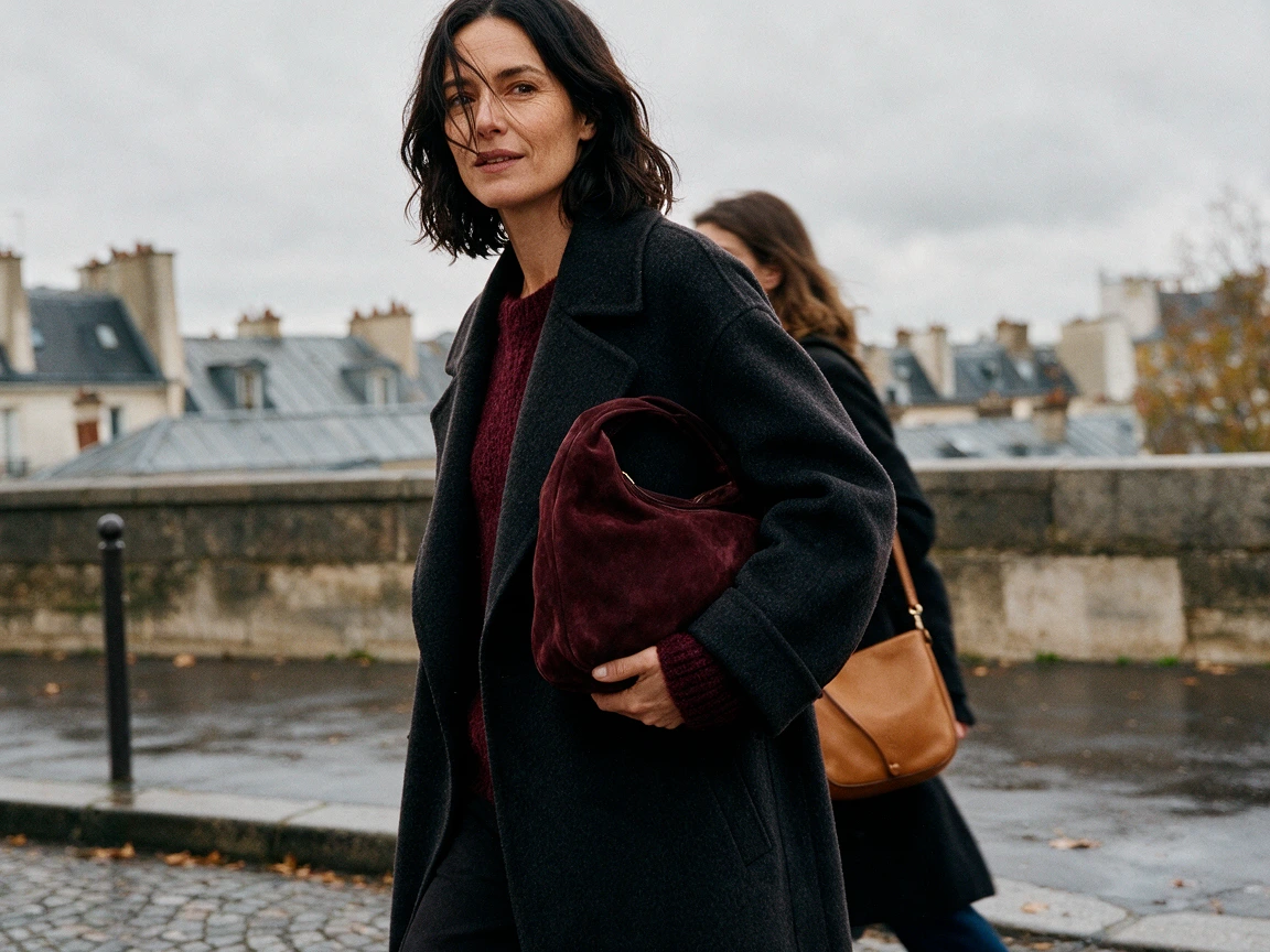 sacs-tendance-hiver-daim-bordeaux-camel emme d'une quarantaine d'années en manteau anthracite traversant une rue pavée de Paris avec un sac hobo en daim bordeaux