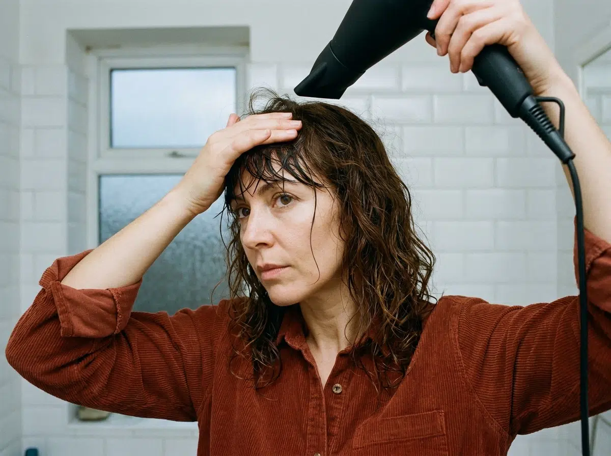 Femme séchant les racines de sa frange au sèche-cheveux en la plaquant d'un côté avec les doigts