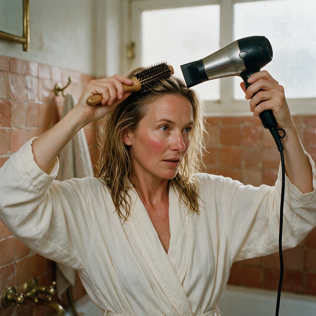 Femme d'une quarantaine d'années soulevant ses racines avec une brosse ronde pendant le séchage, dans une salle de bains