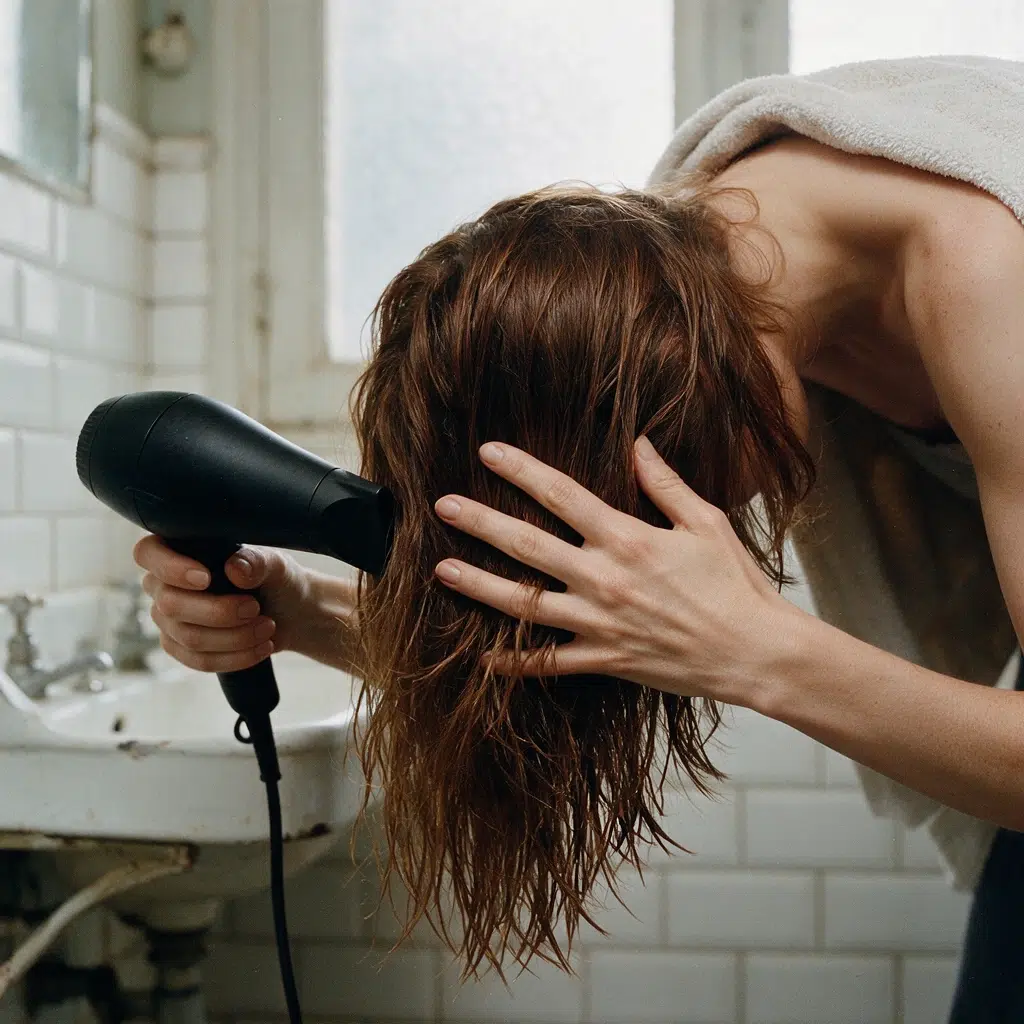 Mains séchant les racines d'une chevelure châtain tête en bas, sèche-cheveux en main et doigts écartés dans la masse