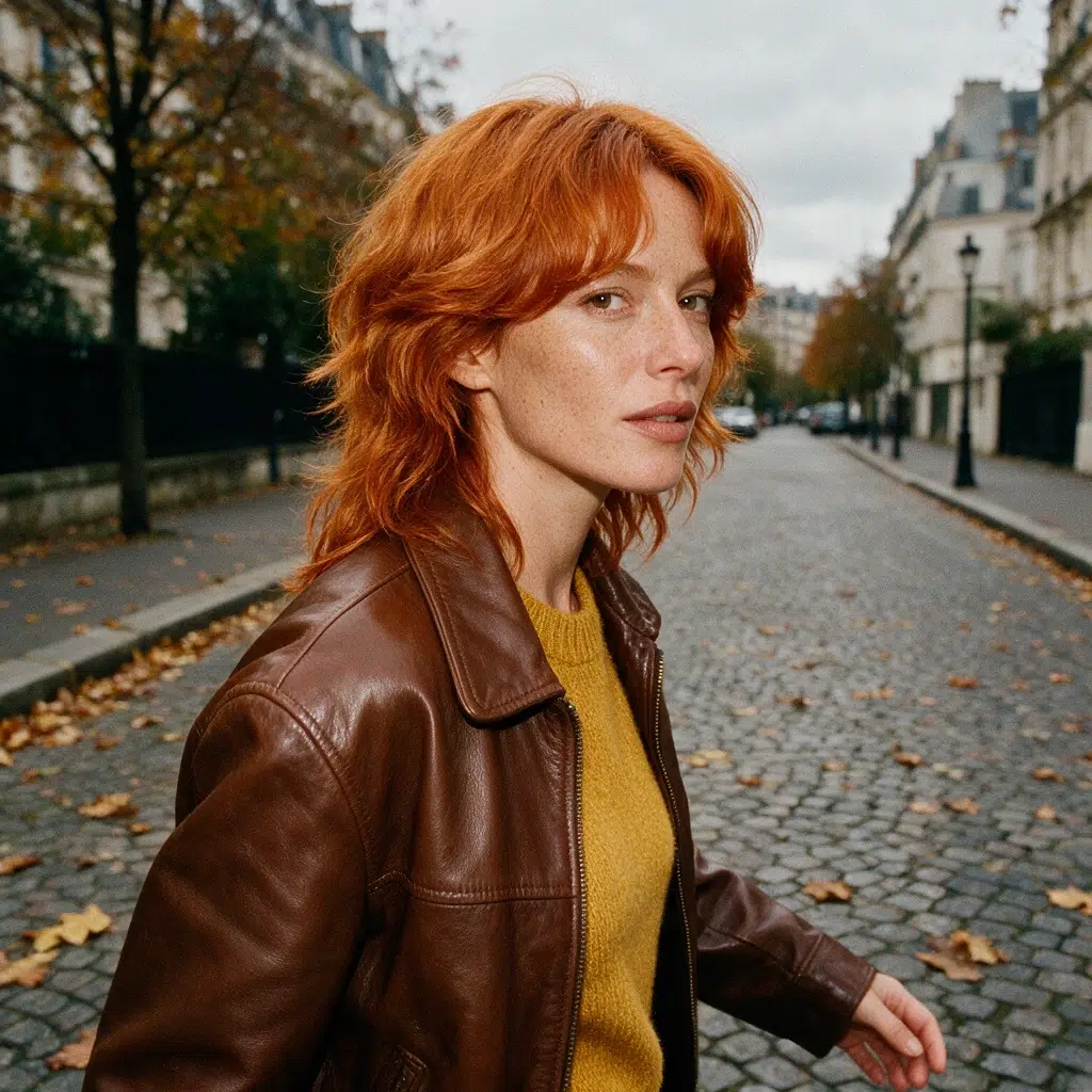 Femme aux cheveux cuivrés ondulés coupés en shag adouci avec une frange rideau, dans une rue pavée en automne