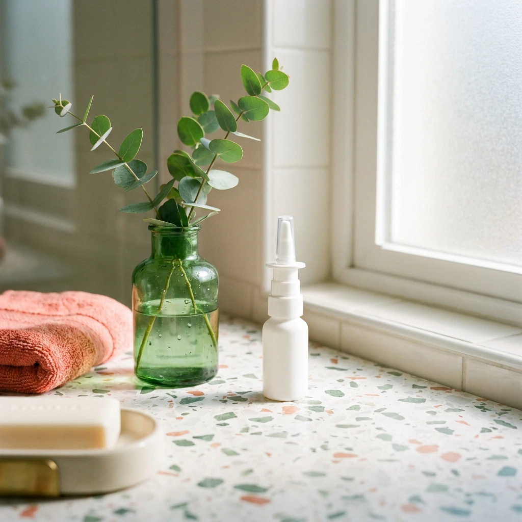 Spray nasal décongestionnant naturel posé sur une étagère de salle de bain à côté d'un brin d'eucalyptus frais