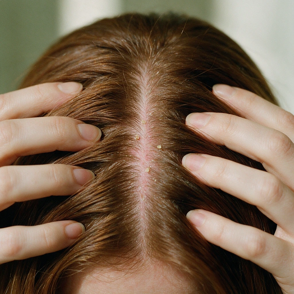 Doigts écartant une raie dans des cheveux châtains, cuir chevelu rosé parsemé de petites squames jaunâtres collées