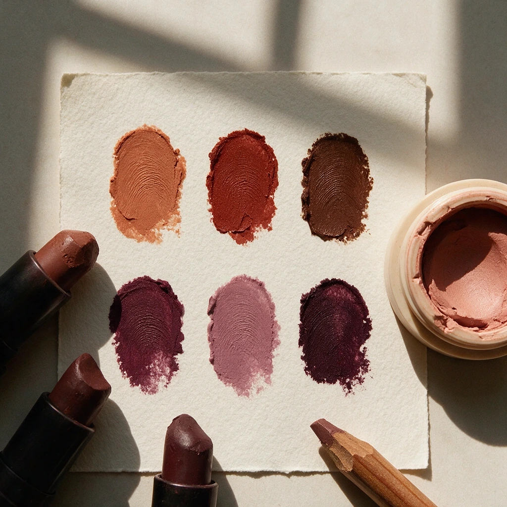 Swatchs de rouges à lèvres terracotta, brique et prune sur papier, tendance maquillage d'automne 2026