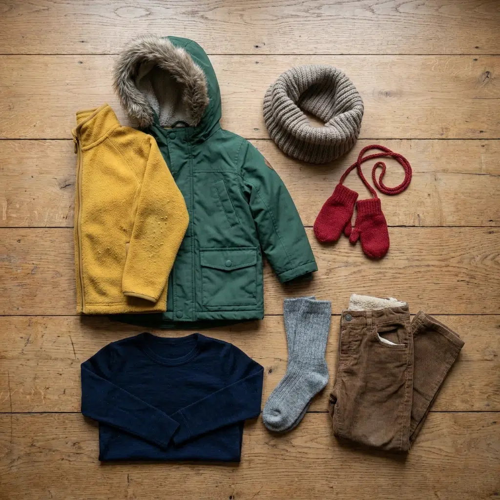 Tenue d'hiver d'enfant posée à plat : sous-pull marine, polaire moutarde, parka verte, moufles et chaussettes en laine