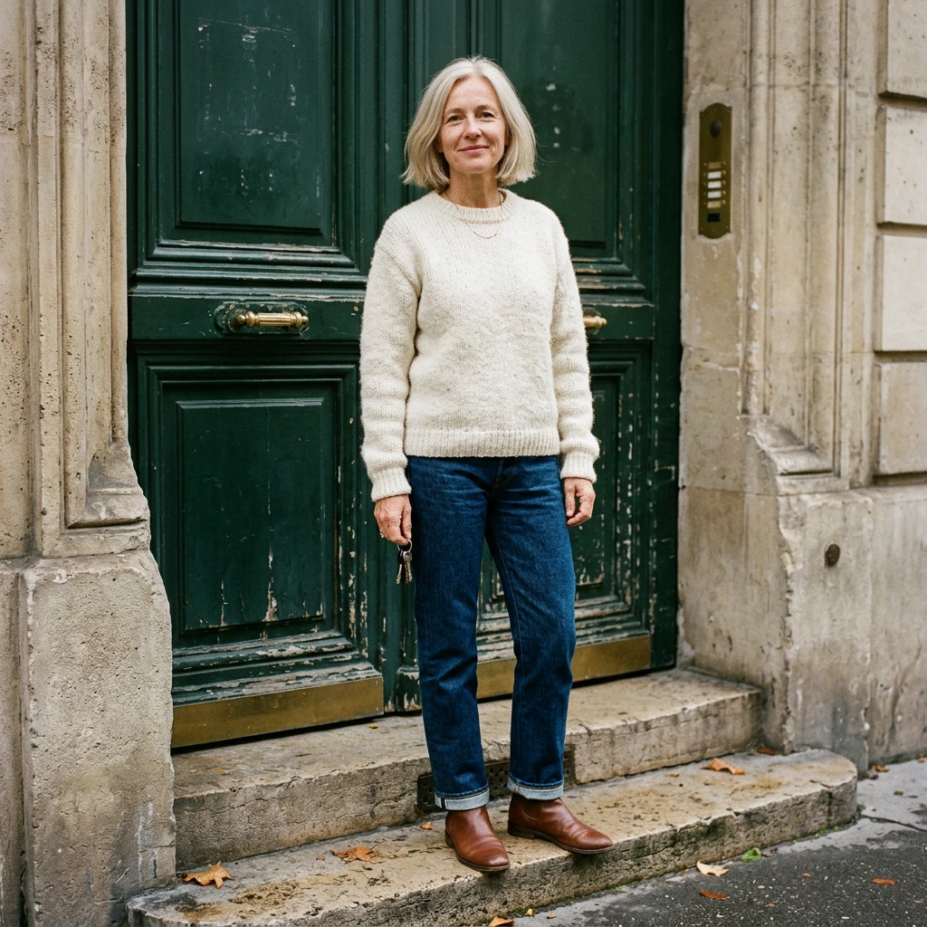 Femme d'une cinquantaine d'années en jean brut droit, pull écru et bottines plates marron, sur le pas d'une porte