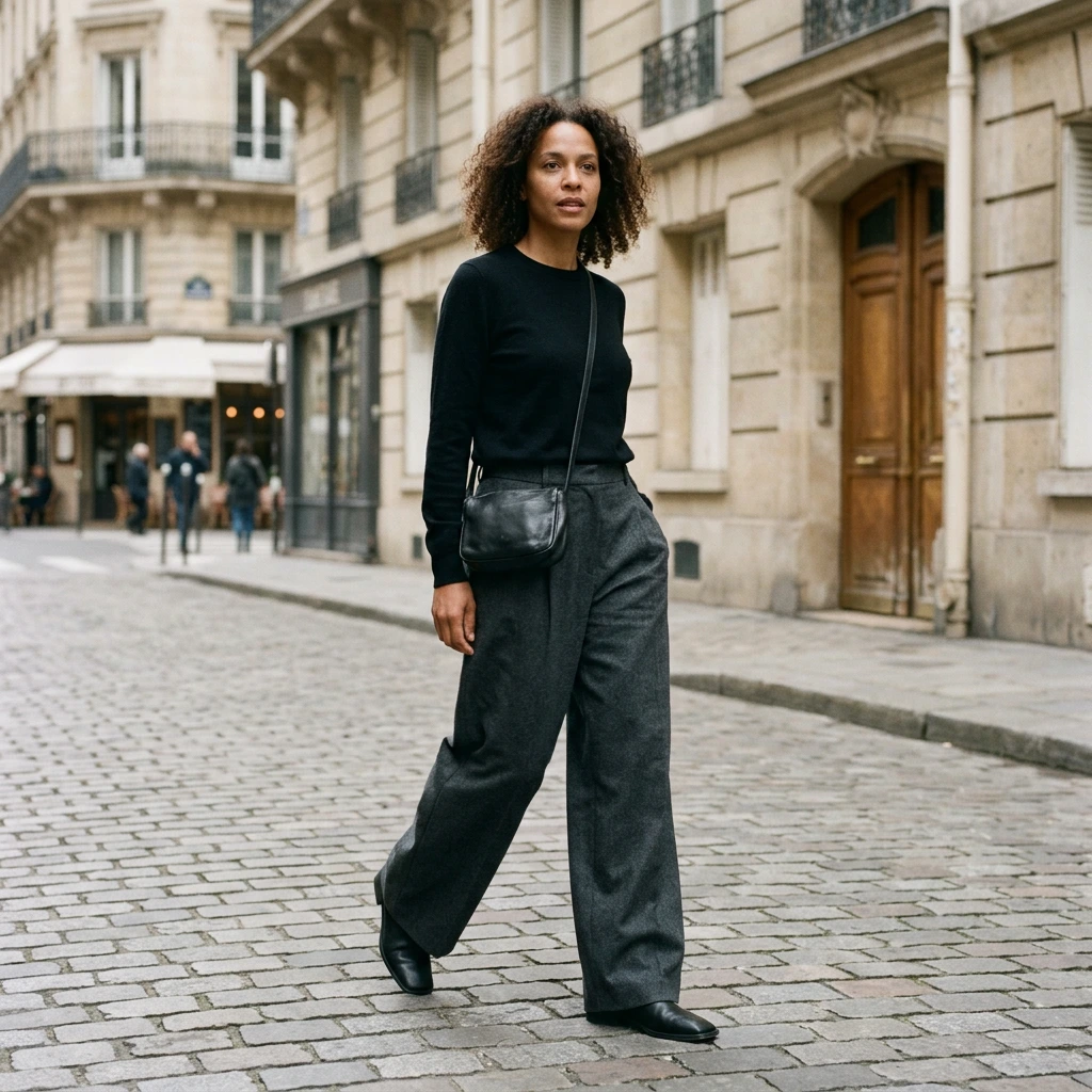 Femme aux cheveux bouclés en pantalon large gris, pull fin noir et bottines plates noires à bout carré dans une rue pavée