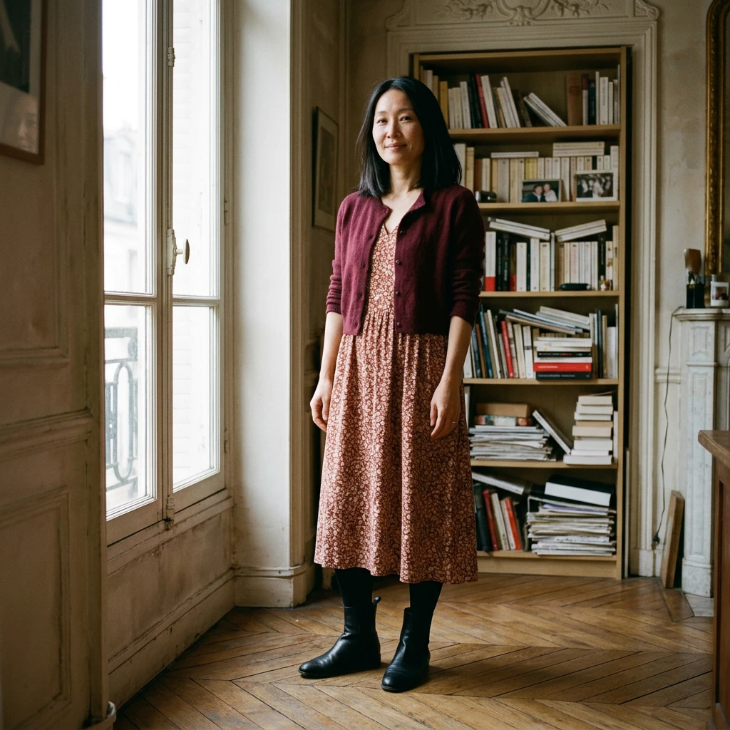 Femme d'une quarantaine d'années en robe midi imprimée, gilet court bordeaux, collants noirs et bottines plates noires