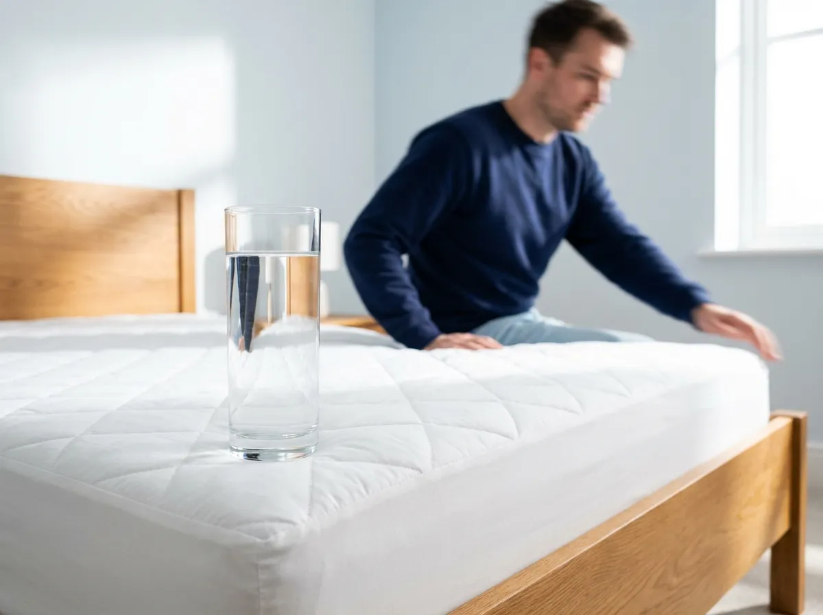 Verre d'eau posé sur un matelas pendant qu'une personne s'assoit de l'autre côté pour tester l'indépendance de couchage