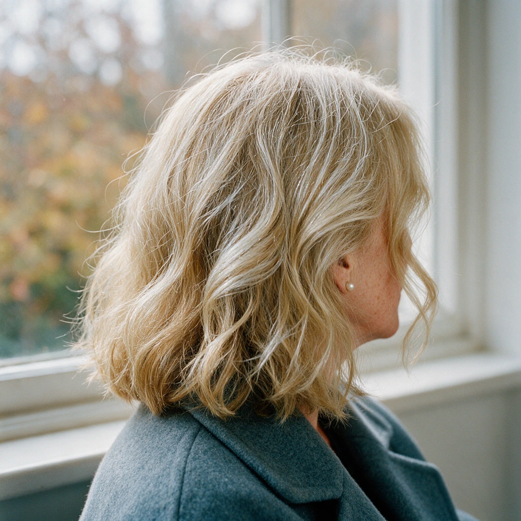 Gros plan sur des cheveux mi-longs mêlant mèches blond foncé et blanches, avec des frisottis sur le dessus