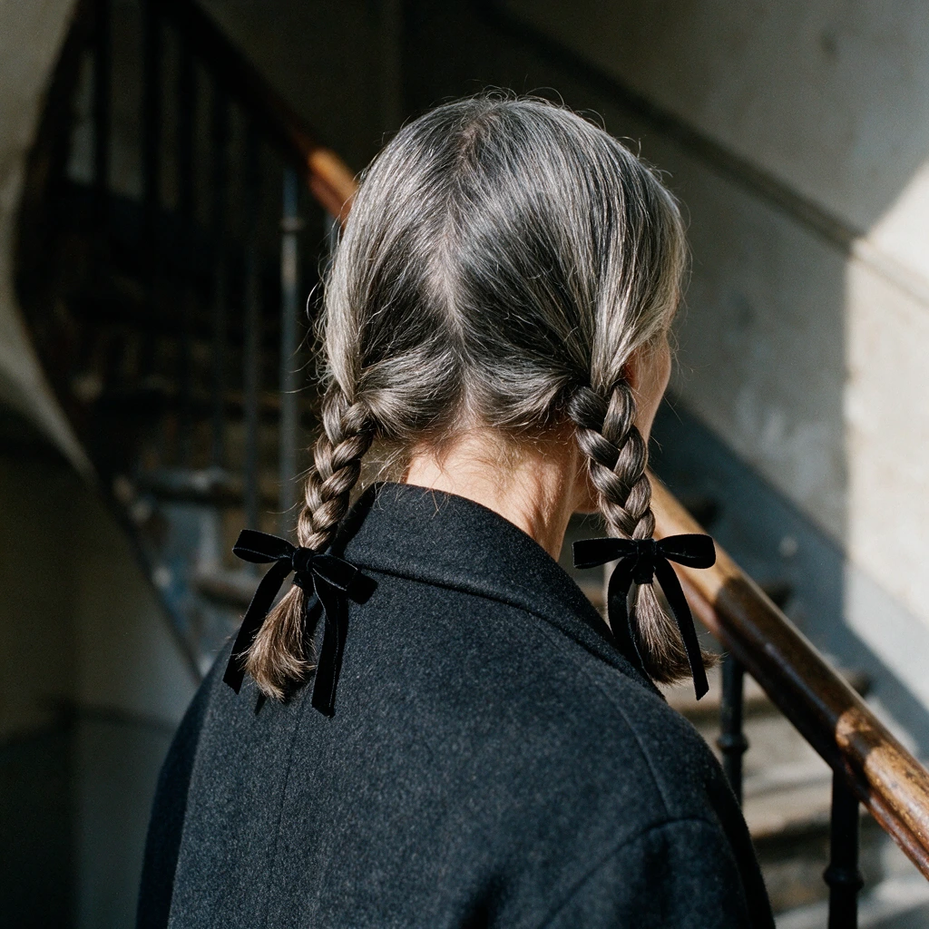 Femme de 50 ans aux cheveux poivre et sel coiffée de deux tresses plaquées nouées de rubans de velours noir
