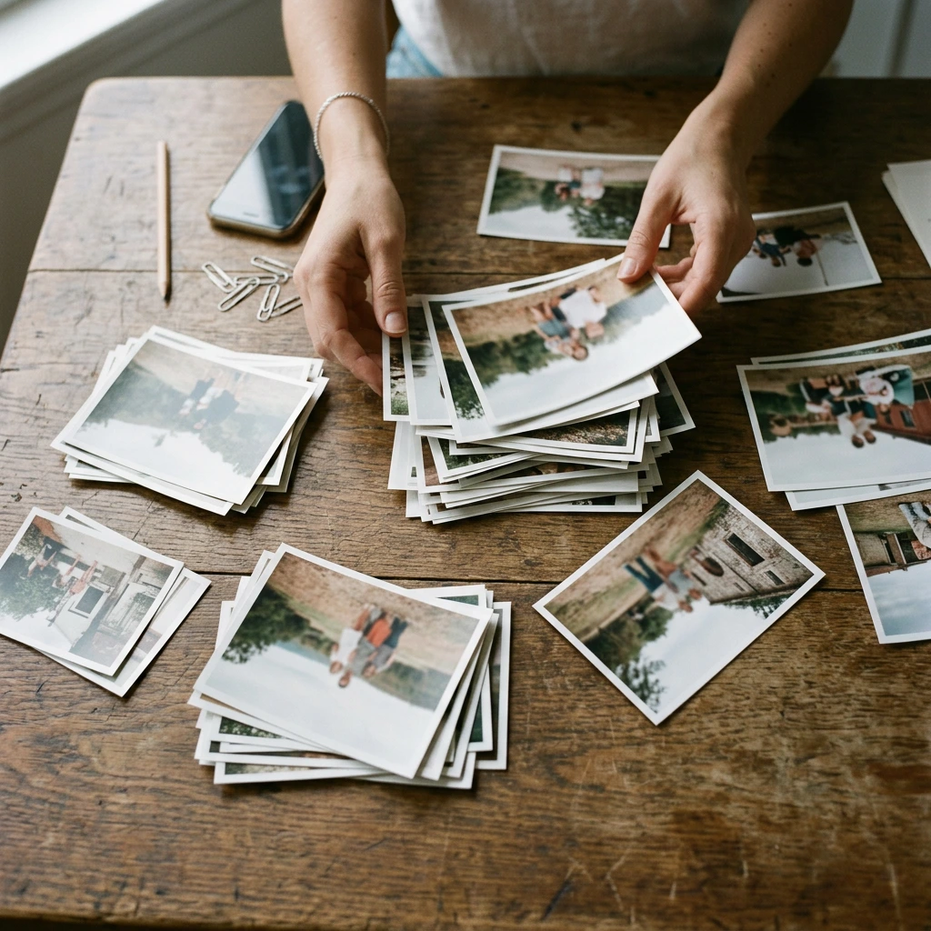 Mains de femme triant des dizaines de tirages photo en plusieurs piles sur une table en chêne, vue du dessus