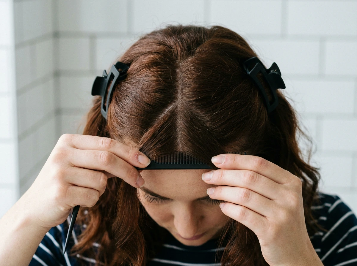 Mains traçant au peigne à queue un triangle de cheveux sur le dessus de la tête, le reste attaché par deux pinces