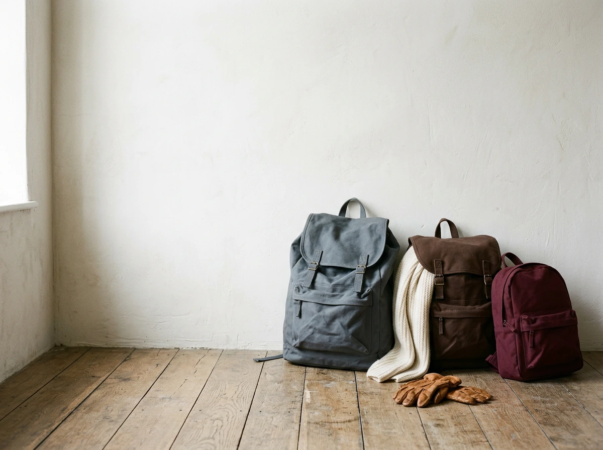 Trois sacs à dos en toile de tailles différentes, bordeaux, chocolat et gris, posés contre un mur clair
