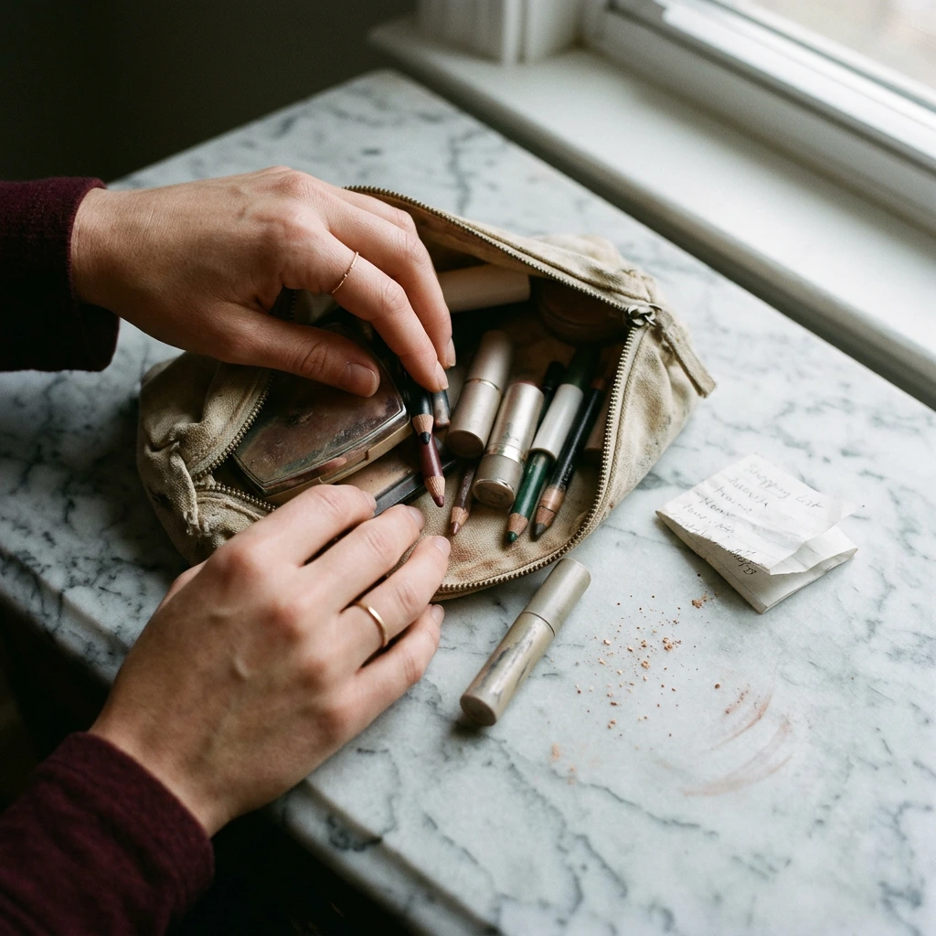 Mains triant une trousse de maquillage ouverte sur une coiffeuse en marbre, crayons usés et rouge à lèvres entamé