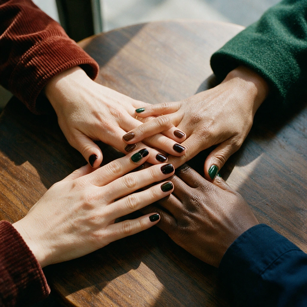 vernis-automne-cerise-chocolat-vert-foret Trois mains de femmes aux carnations différentes sur une table en noyer, ongles vernis cerise noire, chocolat et vert forêt