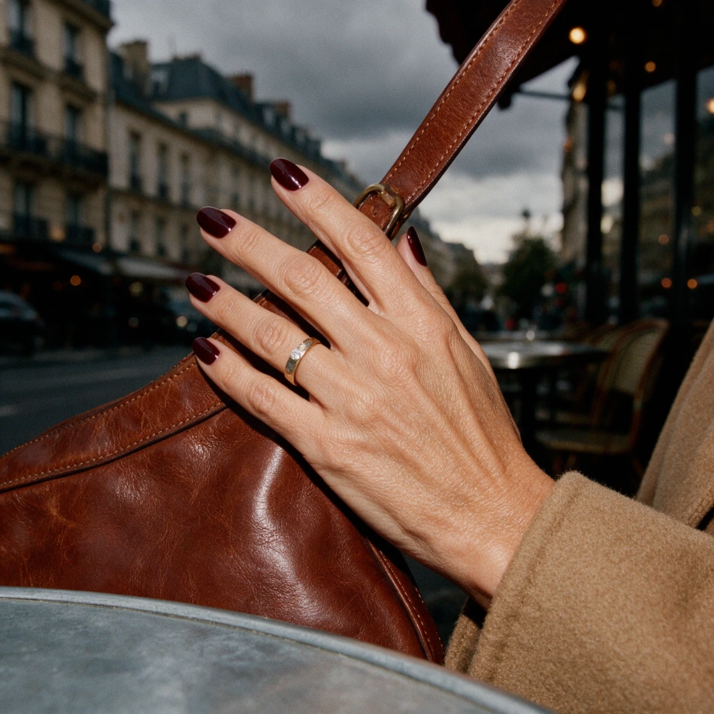 Main d'une femme d'une cinquantaine d'années posée sur l'anse d'un sac en cuir brun, ongles vernis bordeaux profond