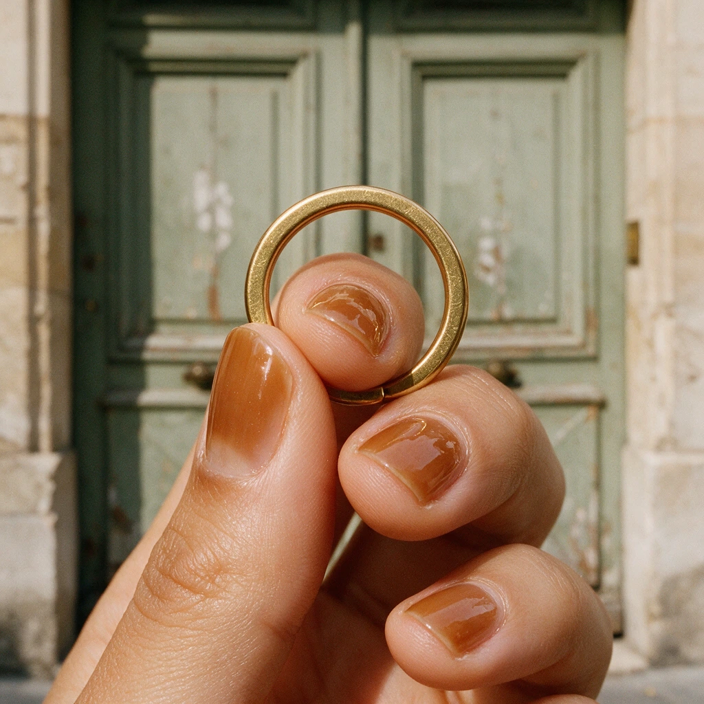 Bouts des doigts vernis caramel translucide tenant un trousseau de clés en laiton devant une porte en bois