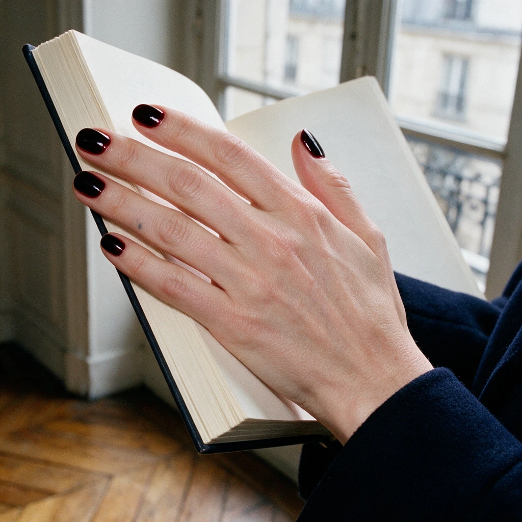 Main de femme à la peau claire tenant un livre ouvert, ongles courts vernis cerise noire très brillants