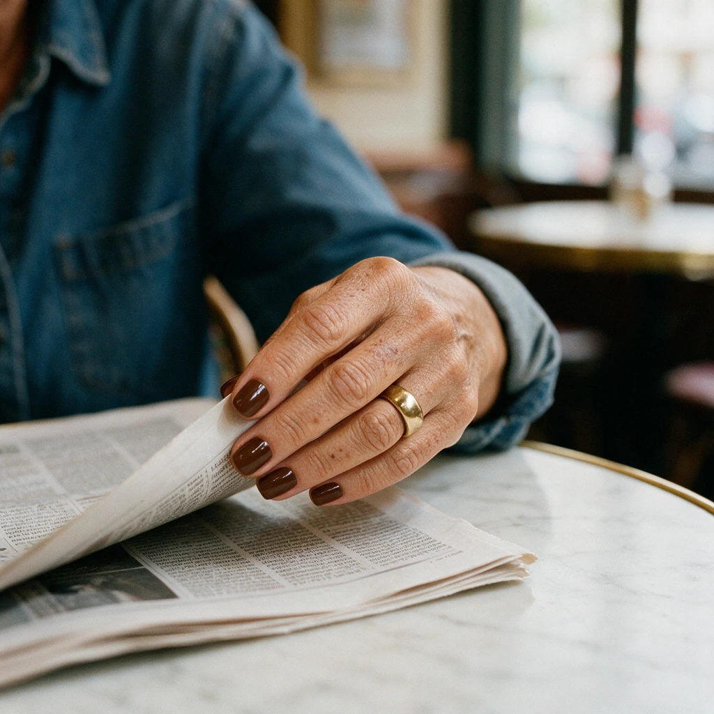 Main d'une femme d'une soixantaine d'années tournant la page d'un journal, ongles courts vernis marron chocolat
