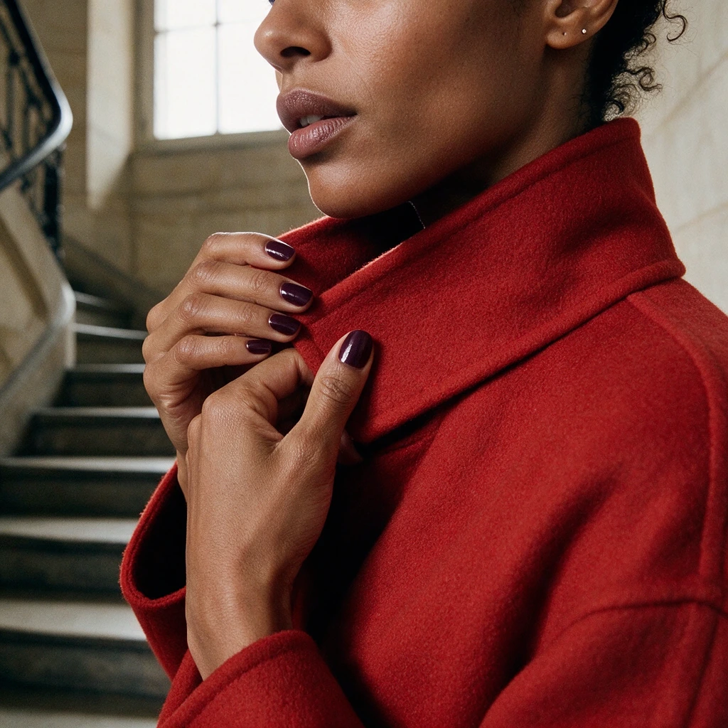 Femme à la peau foncée ajustant le col d'un manteau en laine rouge, ongles vernis prune foncé