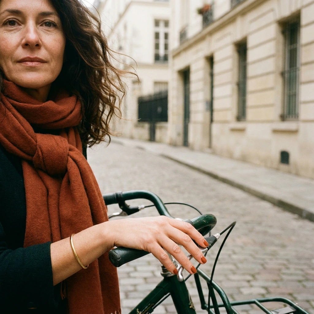Main de femme à la peau dorée posée sur le guidon d'un vélo ancien, ongles vernis terracotta et écharpe rouille