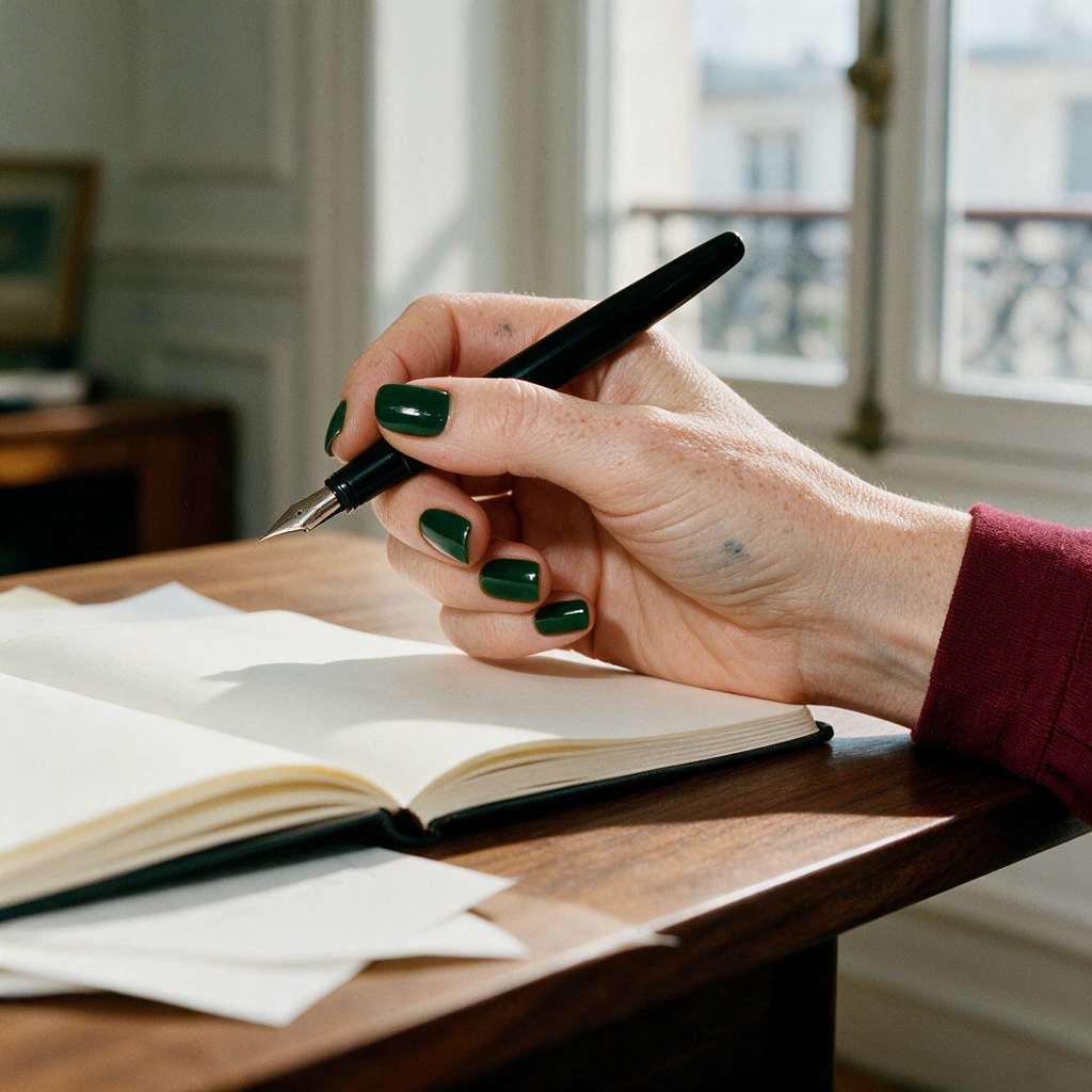 Main d'une femme aux taches de rousseur tenant un stylo-plume au-dessus d'un carnet, ongles carrés vernis vert forêt