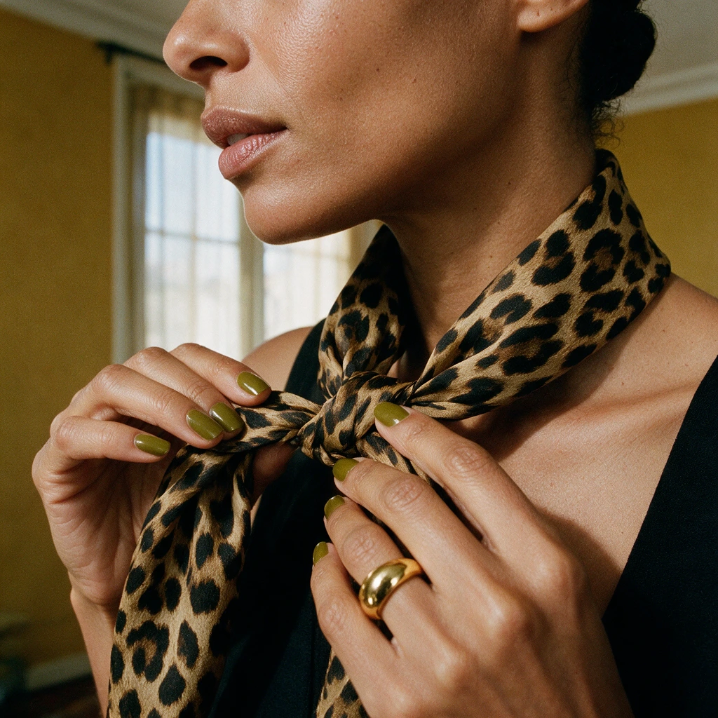 Femme à la peau brune nouant un foulard en soie imprimé léopard, ongles vernis vert olive et bague dorée