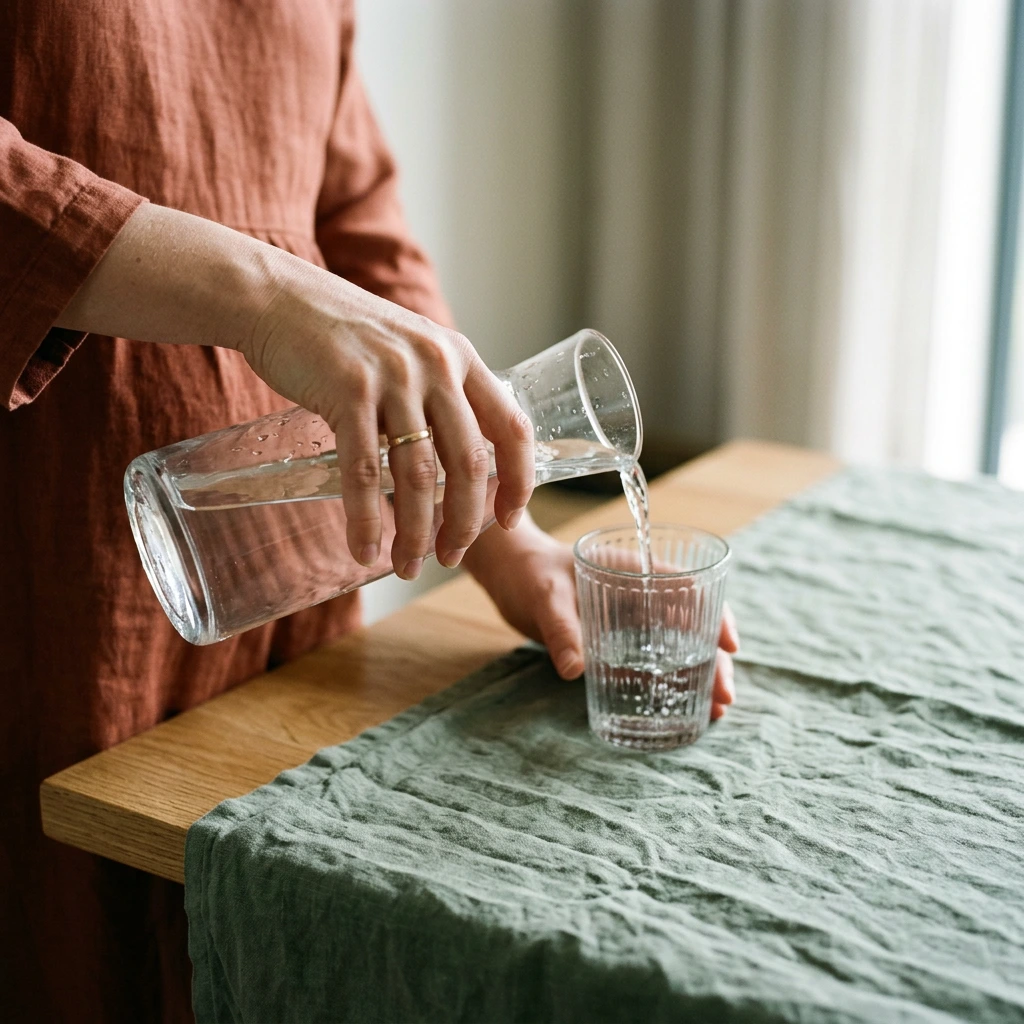 Mains d'une femme enceinte versant de l'eau d'une carafe en verre dans un gobelet, sur une nappe en lin vert sauge