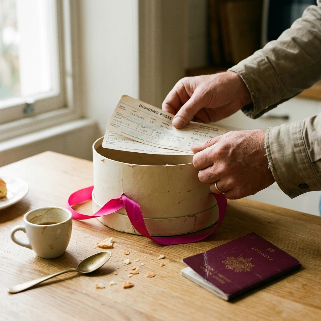 Mains glissant deux cartes d'embarquement dans une boîte cadeau nouée d'un ruban fuchsia pour un voyage surprise